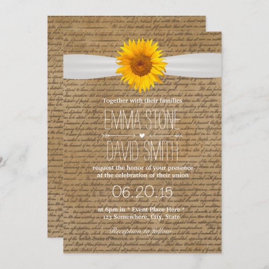 ヴィンテージ古いスクリプトひまわり結婚式招待状 招待状 (正面/裏面)