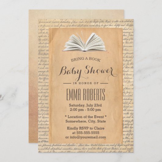 ヴィンテージ古い紙がブックリクエストを持って来る赤ちゃんシャワー 招待状 (正面/裏面)