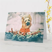 ヴィンテージ可愛いクリスマスドッグの水色 カード (黄色い花)