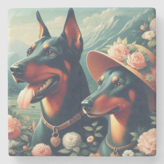 ヴィンテージ可愛いド絵画ーバーマン ストーンコースター (正面)