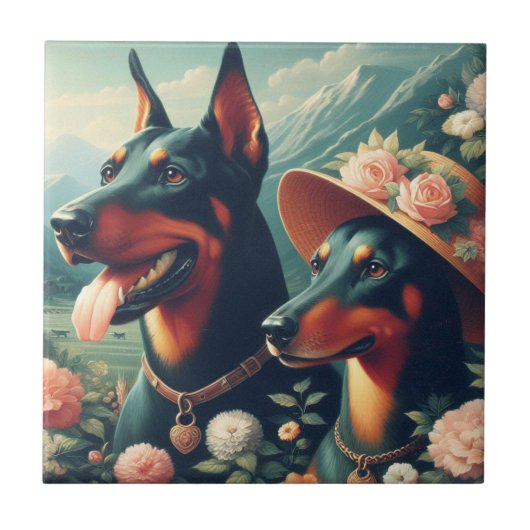 ヴィンテージ可愛いド絵画ーバーマン タイル (正面)