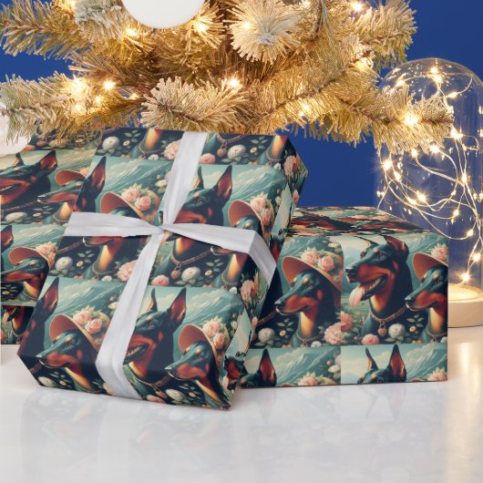 ヴィンテージ可愛いド絵画ーバーマン ラッピングペーパー (クリスマス)