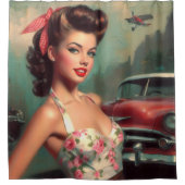 ヴィンテージ可愛いピンア絵画ップ シャワーカーテン (正面)