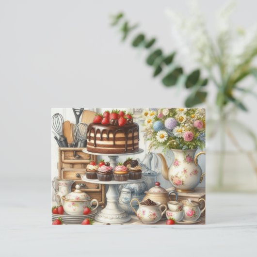 ヴィンテージ台所料理ケーキとティーポット葉書 ポストカード (スタンド正面)