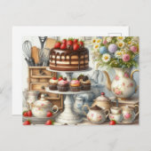 ヴィンテージ台所料理ケーキとティーポット葉書 ポストカード (正面/裏面)
