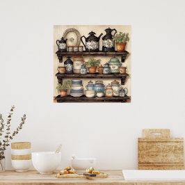 ヴィンテージ台所棚ポット植物皿缶詰 ポスター