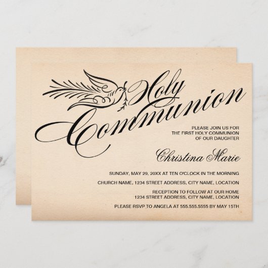 ヴィンテージ台本の鳩とクロス最初の聖餐式 招待状 (正面/裏面)