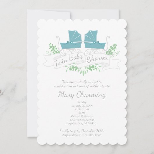 ヴィンテージ台車ツインベビーシャワーブループラム 招待状 (正面)