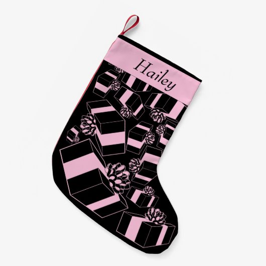 ヴィンテージ名パーソナライズされたピンクパッケージパターン スモールクリスマスストッキング (正面 (吊り時))