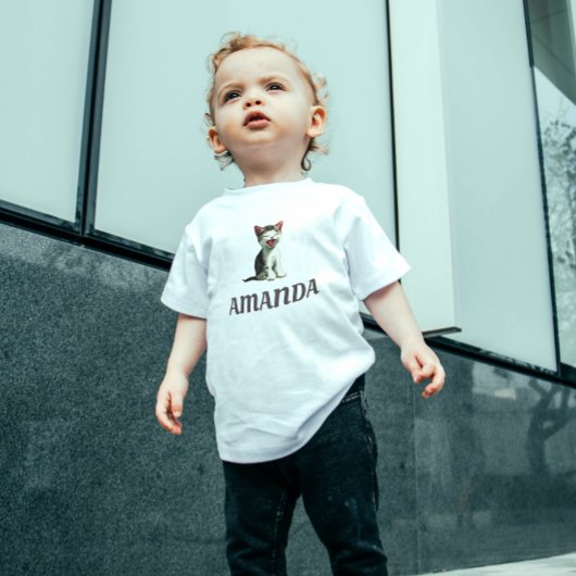 ヴィンテージ名前をカスタムするかわいい笑い猫 ベビーTシャツ