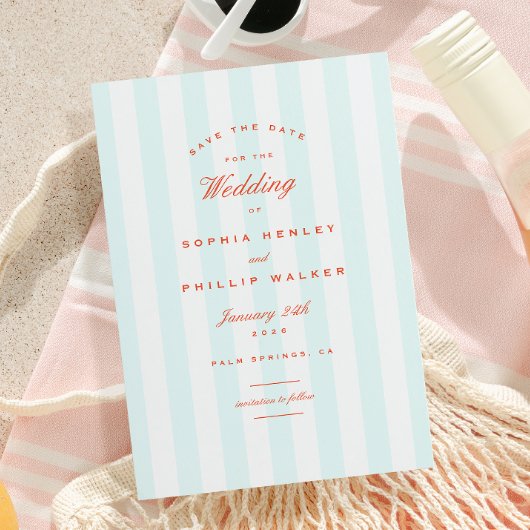 ヴィンテージ名門私立校風のストライプアクアオレンジ保存日付 招待状