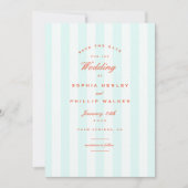 ヴィンテージ名門私立校風のストライプアクアオレンジ保存日付 招待状 (正面)