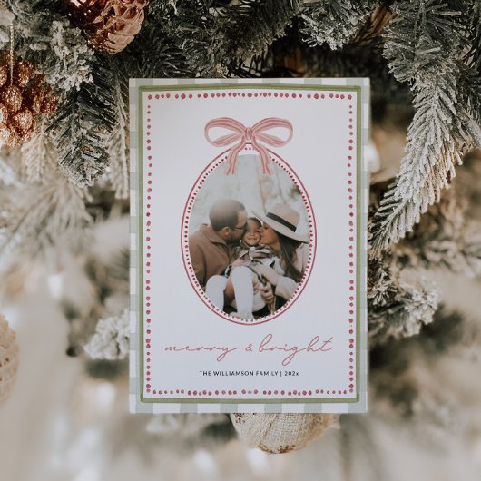 ヴィンテージ名門私立校風のピンクボウ家族フォトクリスマス シーズンカード