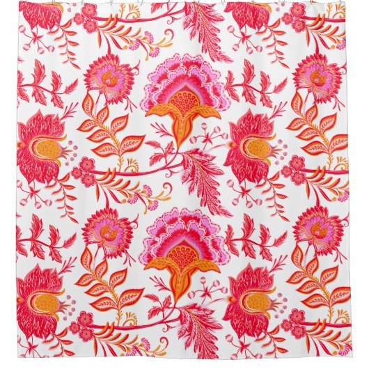ヴィンテージ名門私立校風の花 |ピンクとオレンジ シャワーカーテン (正面)