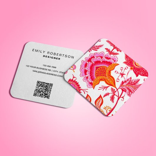 ヴィンテージ名門私立校風の花 | ピンクオレンジ白 スクエア名刺