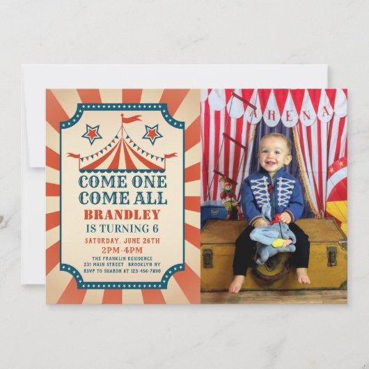 ヴィンテージ回路カーニバルパーティー誕生日写真 招待状 (正面)