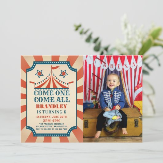 ヴィンテージ回路カーニバルパーティー誕生日写真 招待状 (スタンド正面)