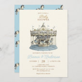 ヴィンテージ回転木馬ベビーシャワー招待状イン青 招待状 (正面/裏面)