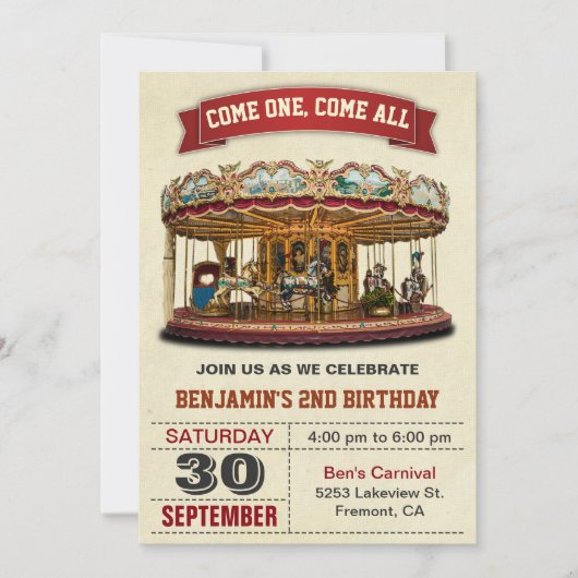 ヴィンテージ回転木馬子供の誕生日パーティの招待状 招待状 (正面)