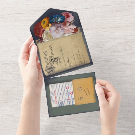 ヴィンテージ図書ウェディングシャワー招待状 オールインワン招待状 (貼ってはがせる)