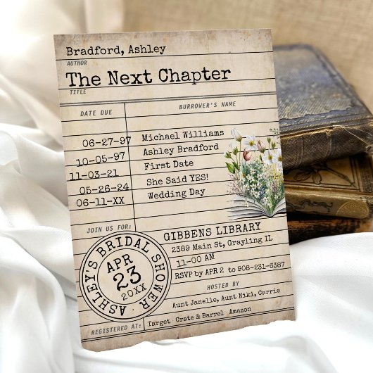 ヴィンテージ図書室カードワイルドフラワーブックブライダルシャワー 招待状