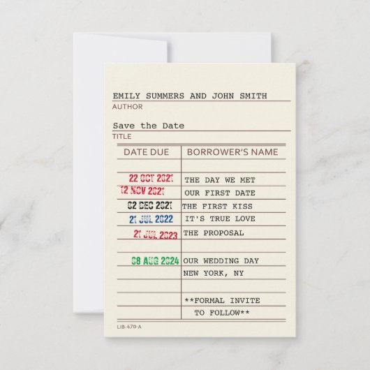 ヴィンテージ図書館のカードと本の表紙 Save the Date セーブザデート (正面)