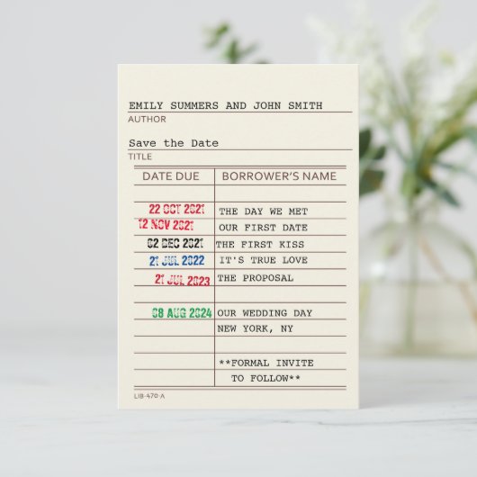 ヴィンテージ図書館のカードと本の表紙 Save the Date セーブザデート (スタンド正面)