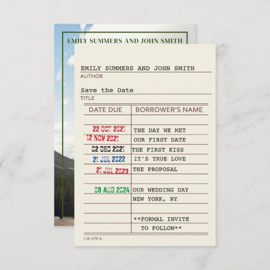 ヴィンテージ図書館のカードと本の表紙 Save the Date セーブザデート (正面/裏面)