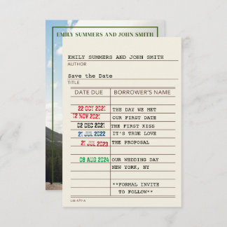 ヴィンテージ図書館のカードと本の表紙 Save the Date セーブザデート