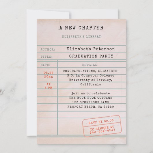 ヴィンテージ図書館のカードブック愛好家卒業パーティー 招待状 (正面)