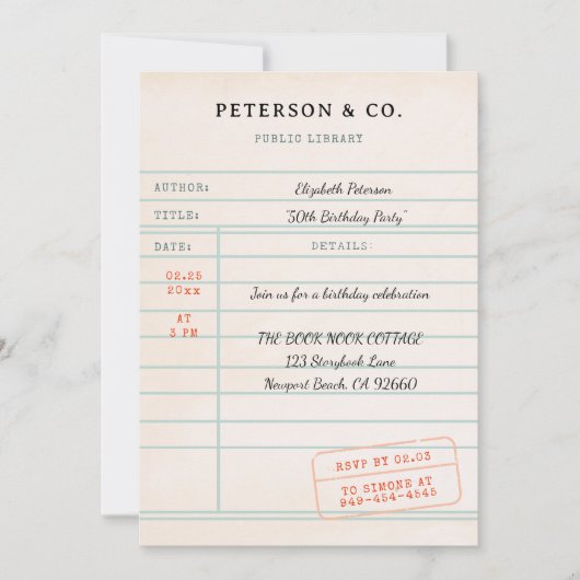 ヴィンテージ図書館のカード 本好きな人のための 本に囲まれた誕生日 招待状 (正面)