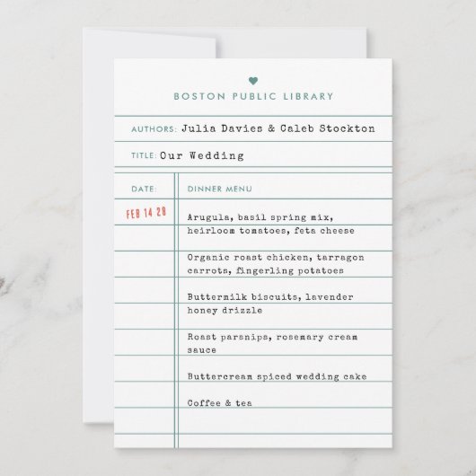 ヴィンテージ図書館の本のチェックアウトカード ウェディングメニュー セーブザデート (正面)
