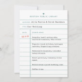 ヴィンテージ図書館の本チェックアウトカード結婚式メニュー セーブザデート (正面)