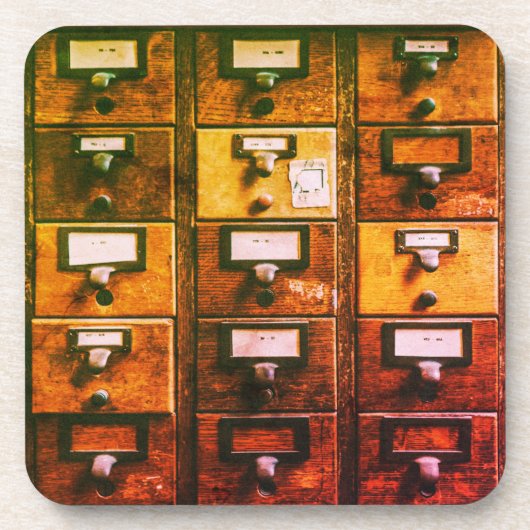 ヴィンテージ図書館カードカタログ木製キャビネット コースター (正面)