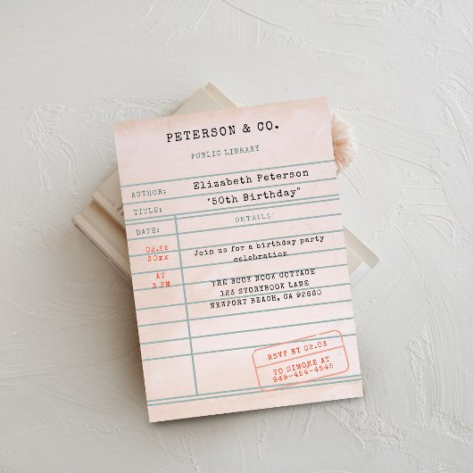 ヴィンテージ図書館カードブックラバーバースデーパーティー 招待状