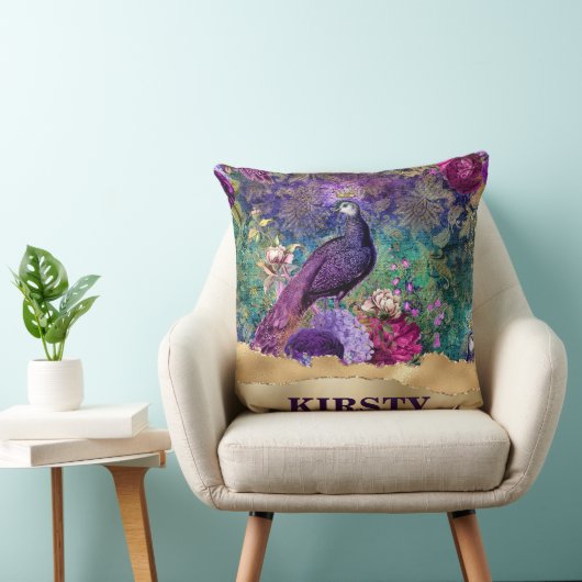 ヴィンテージ図解入りの、写真付きのクジャクと花グランジ クッション (椅子)