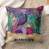 ヴィンテージ図解入りの、写真付きのクジャクと花グランジ クッション (ブランケット)