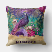 ヴィンテージ図解入りの、写真付きのクジャクと花グランジ クッション (裏面)