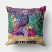 ヴィンテージ図解入りの、写真付きのクジャクと花グランジ クッション (正面)