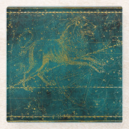 ヴィンテージ図解入りの、写真付きのグリーン&金ゴールドライオンのスターマップ ガラスコースター