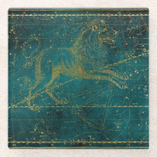 ヴィンテージ図解入りの、写真付きのグリーン&金ゴールドライオンのスターマップ ガラスコースター (正面)