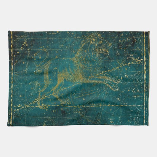 ヴィンテージ図解入りの、写真付きのグリーン&金ゴールドライオンのスターマップ キッチンタオル (横)