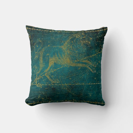 ヴィンテージ図解入りの、写真付きのグリーン&金ゴールドライオンのスターマップ クッション (正面)