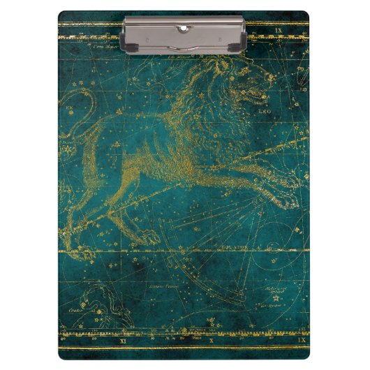 ヴィンテージ図解入りの、写真付きのグリーン&金ゴールドライオンのスターマップ クリップボード (正面)