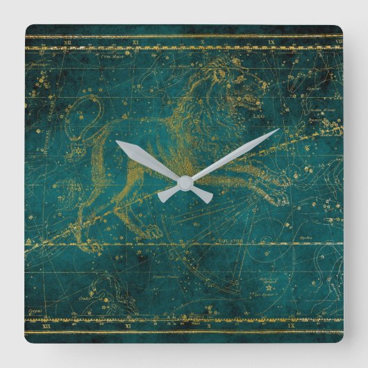 ヴィンテージ図解入りの、写真付きのグリーン&金ゴールドライオンのスターマップ スクエア壁時計 (正面)