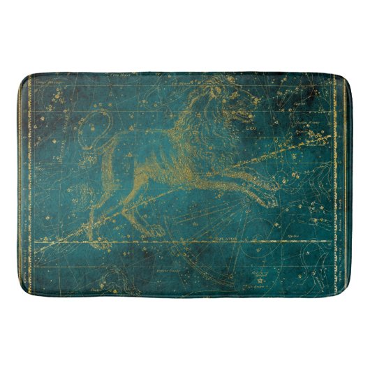 ヴィンテージ図解入りの、写真付きのグリーン&金ゴールドライオンのスターマップ バスマット (正面)