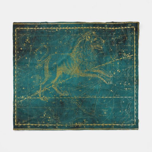 ヴィンテージ図解入りの、写真付きのグリーン&金ゴールドライオンのスターマップ フリースブランケット (正面(横))