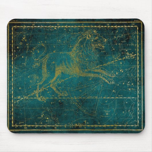 ヴィンテージ図解入りの、写真付きのグリーン&金ゴールドライオンのスターマップ マウスパッド (正面)