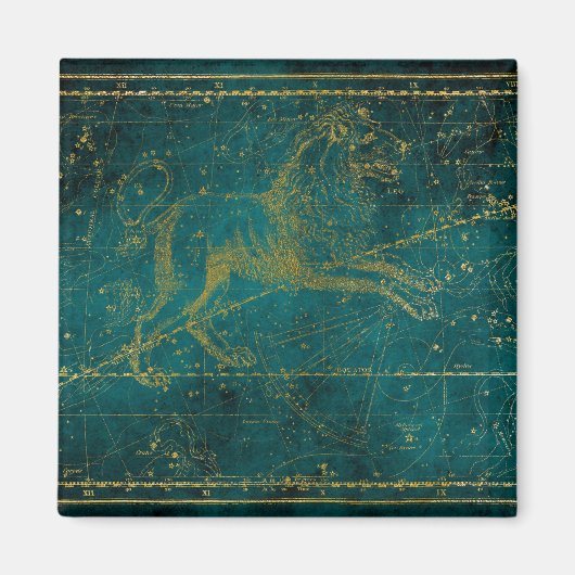 ヴィンテージ図解入りの、写真付きのグリーン&金ゴールドライオンのスターマップ マグネット (正面)