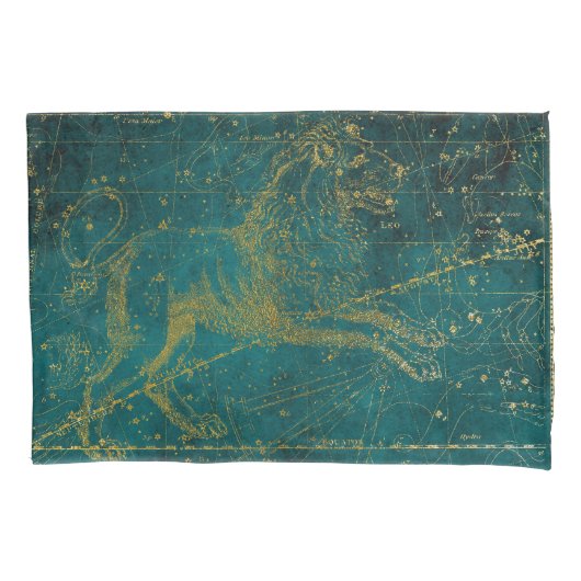 ヴィンテージ図解入りの、写真付きのグリーン&金ゴールドライオンのスターマップ 枕カバー (正面)